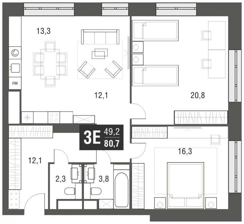 3-комнатная квартира (евро) с полной отделкой, 80.7 м2, 6 этаж, сдача 2 квартал 2024 г., ЖК AFI Tower, корпус 1 - объявление 1930887 - фото №1