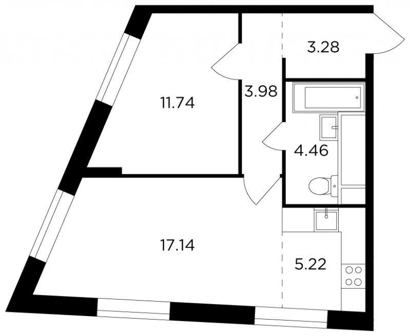 2-комнатная квартира без отделки, 45.82 м2, 16 этаж, сдача 2 квартал 2022 г., ЖК КутузовGRAD 2, корпус 6 - объявление 1748614 - фото №1