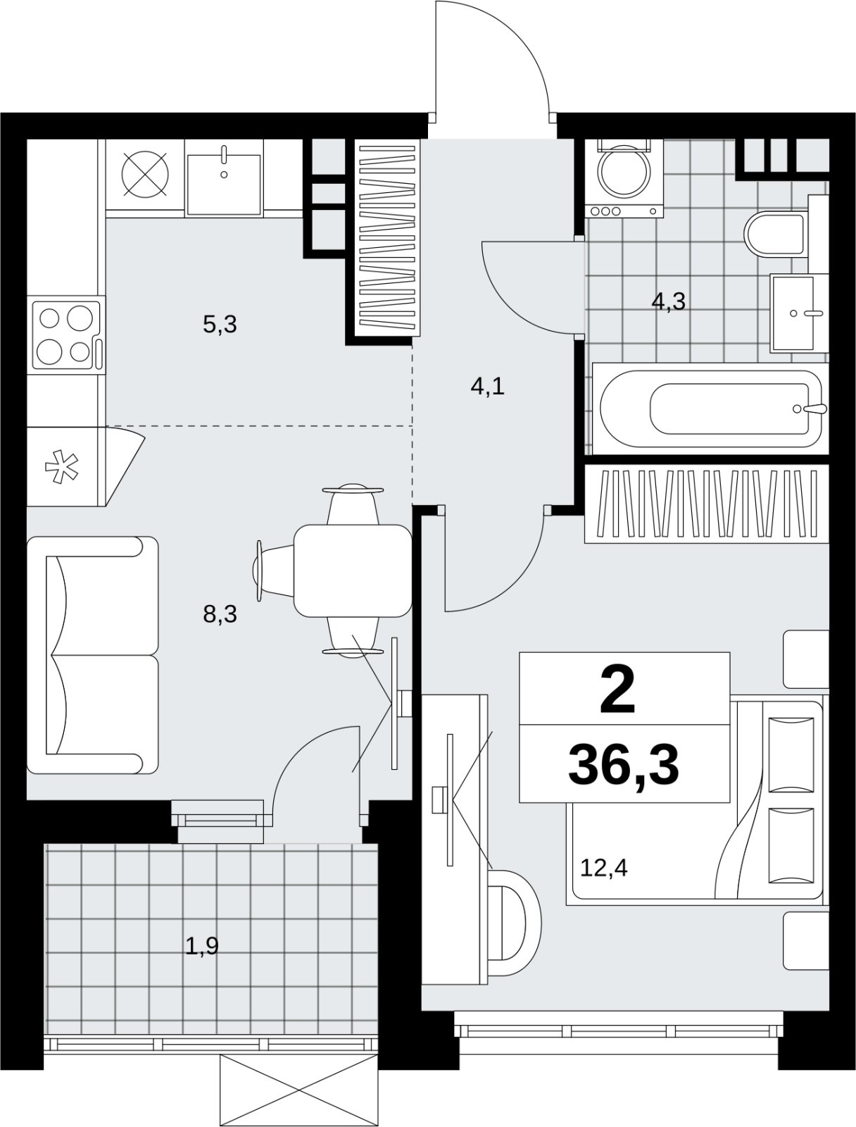 2-комнатная квартира (евро) без отделки, 36.3 м2, 8 этаж, сдача 4 квартал 2026 г., ЖК Скандинавия, корпус 2.18.2.6 - объявление 2351767 - фото №1