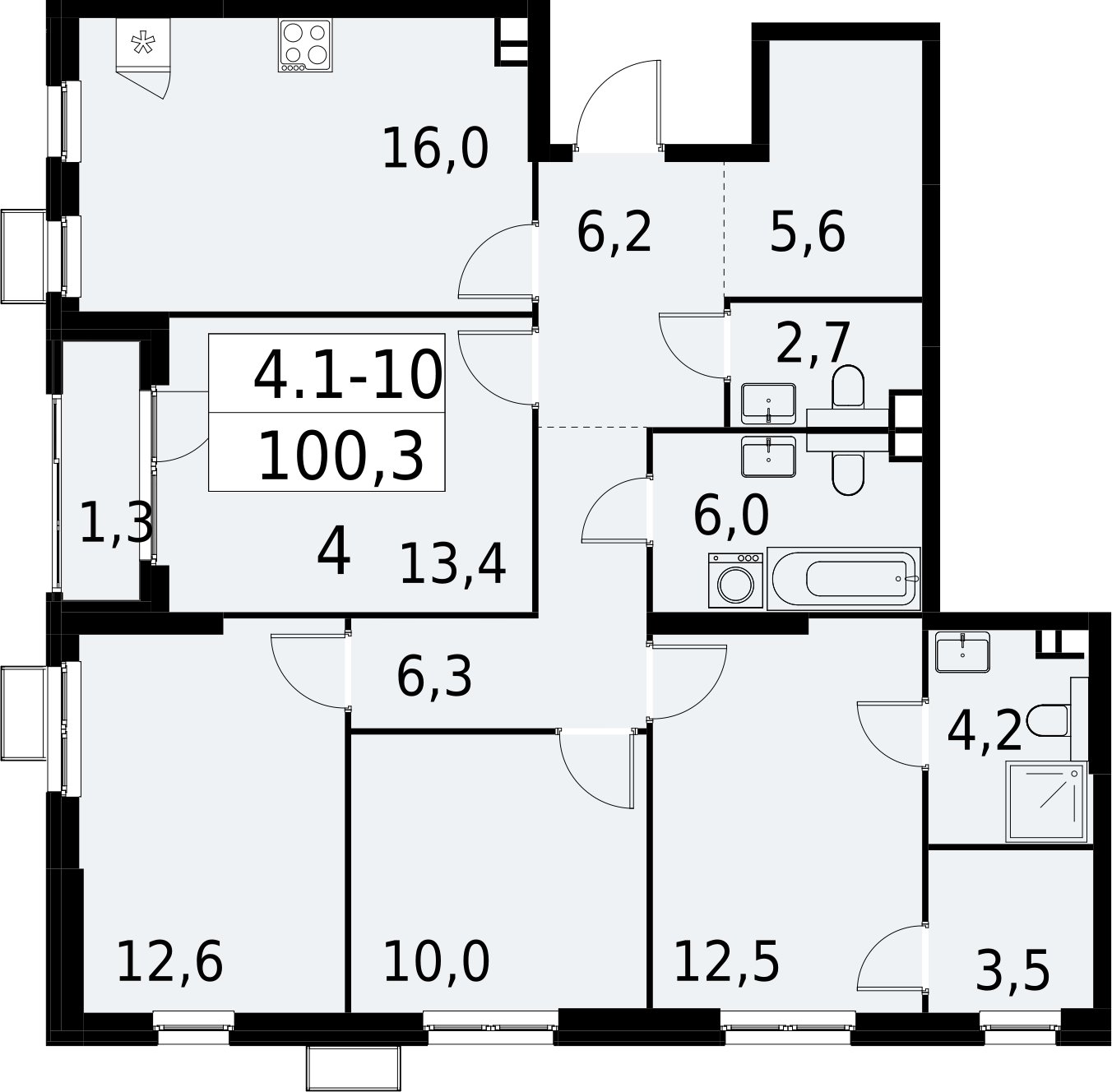 4-комнатная квартира с полной отделкой, 100.3 м2, 3 этаж, сдача 2 квартал 2027 г., ЖК Южные сады, корпус 4.1.1 - объявление 2392551 - фото №1