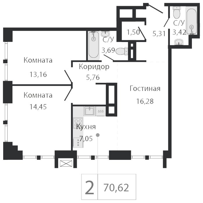 3-комнатная квартира (евро) без отделки, 70.62 м2, 3 этаж, сдача 2 квартал 2023 г., ЖК Dream Towers, корпус 2 - объявление 1801077 - фото №1
