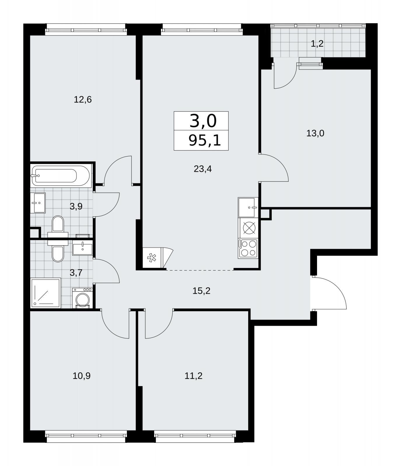 3-комнатная квартира с частичной отделкой, 95.1 м2, 2 этаж, сдача 2 квартал 2026 г., ЖК Дзен-кварталы, корпус 3.4 - объявление 2242229 - фото №1