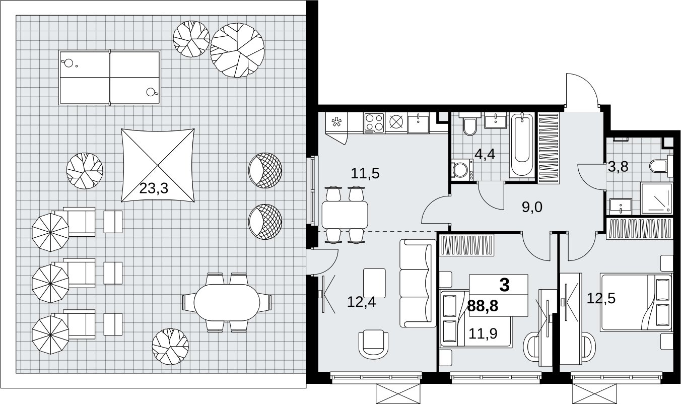 3-комнатная квартира (евро) без отделки, 88.8 м2, 2 этаж, сдача 4 квартал 2026 г., ЖК Скандинавия, корпус 2.18.2.5 - объявление 2351594 - фото №1