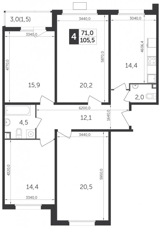 4-комнатная квартира с частичной отделкой, 105.5 м2, 20 этаж, сдача 1 квартал 2022 г., ЖК Датский квартал, корпус 1 - объявление 1329240 - фото №1