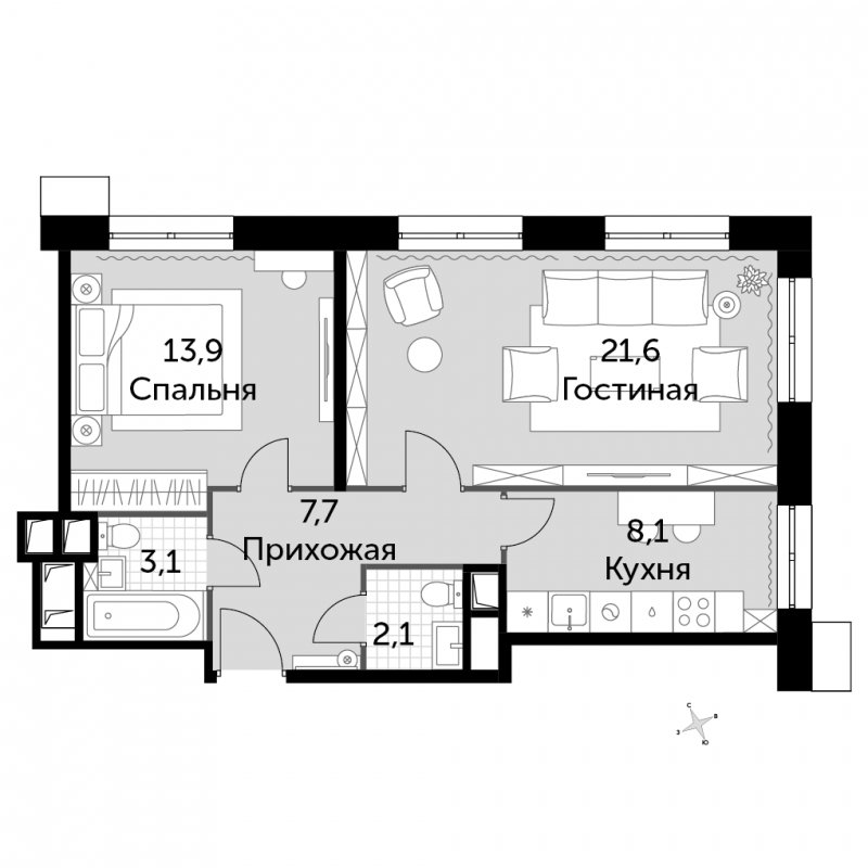 2-комнатные апартаменты без отделки, 56.5 м2, 3 этаж, дом сдан, ЖК Движение.Тушино, корпус 3 - объявление 1485298 - фото №1