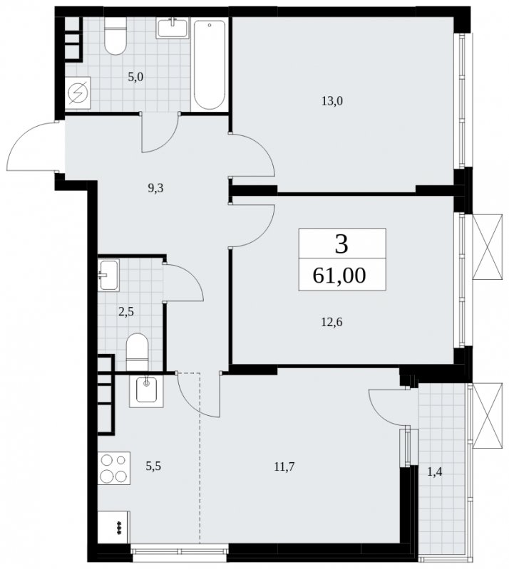 3-комнатная квартира (евро) без отделки, 61 м2, 5 этаж, сдача 4 квартал 2024 г., ЖК Скандинавия, корпус 35.2.2 - объявление 1841140 - фото №1