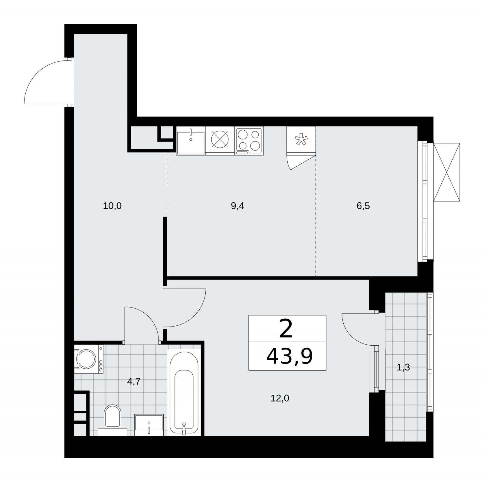 2-комнатная квартира (евро) без отделки, 43.9 м2, 11 этаж, сдача 4 квартал 2025 г., ЖК Прокшино, корпус 11.1.4 - объявление 2257627 - фото №1