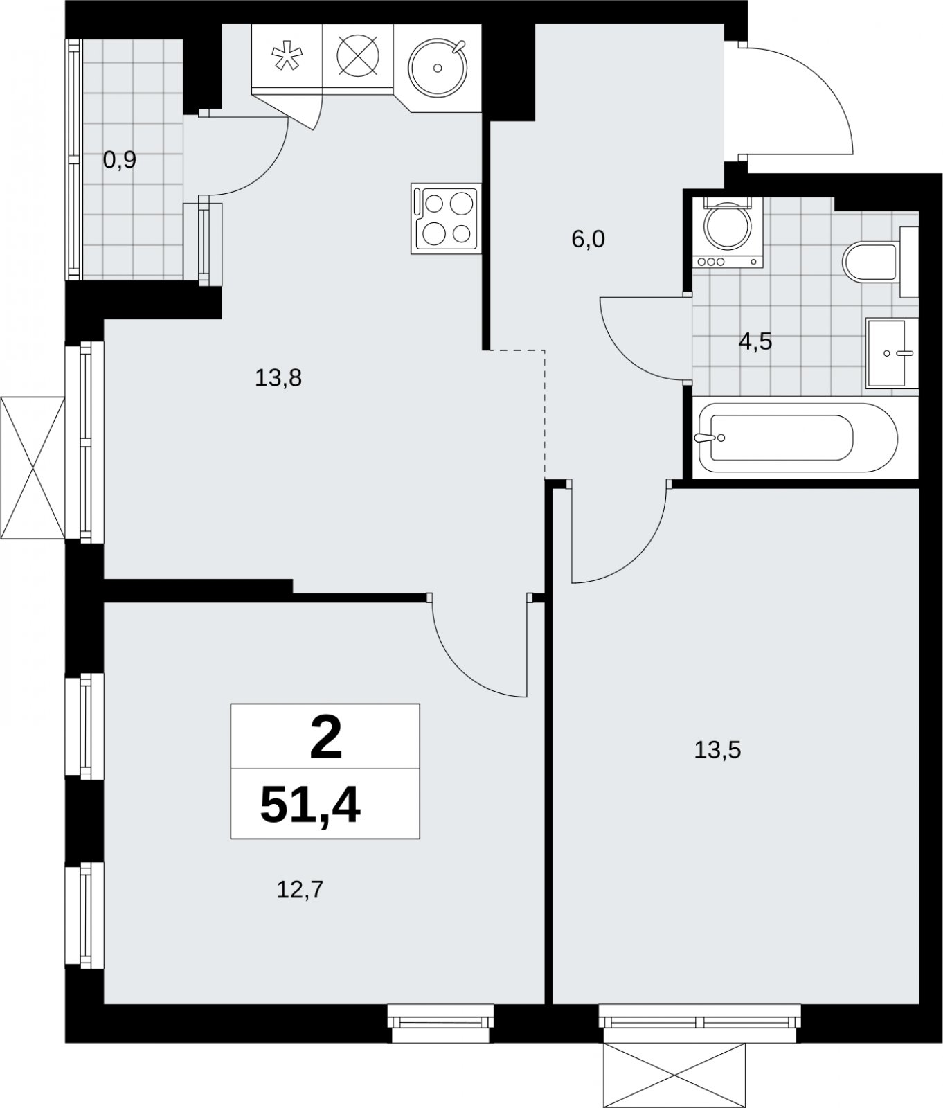 2-комнатная квартира без отделки, 51.4 м2, 8 этаж, сдача 2 квартал 2026 г., ЖК Дзен-кварталы, корпус 6.1.1 - объявление 2327174 - фото №1