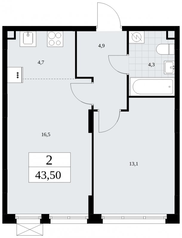 2-комнатная квартира (евро) без отделки, 43.5 м2, 2 этаж, сдача 1 квартал 2025 г., ЖК Дзен-кварталы, корпус 1.4 - объявление 1896069 - фото №1