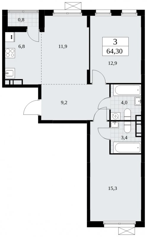3-комнатная квартира (евро) с частичной отделкой, 64.3 м2, 8 этаж, сдача 3 квартал 2025 г., ЖК Дзен-кварталы, корпус 2.2 - объявление 1932401 - фото №1