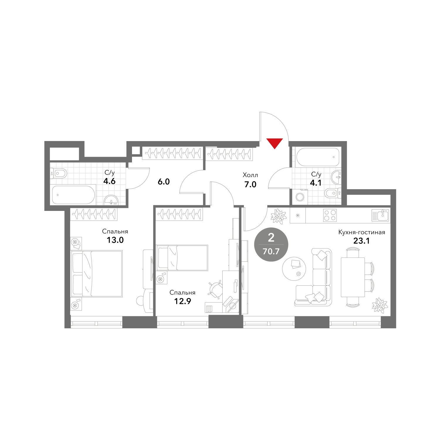 2-комнатная квартира без отделки, 70.7 м2, 2 этаж, сдача 3 квартал 2025 г., ЖК VOXHALL, корпус 2 - объявление 1983554 - фото №1