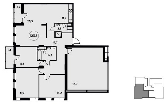 4-комнатная квартира (евро) без отделки, 123.5 м2, 14 этаж, сдача 3 квартал 2022 г., ЖК Скандинавия, корпус 17.4 - объявление 1516056 - фото №1