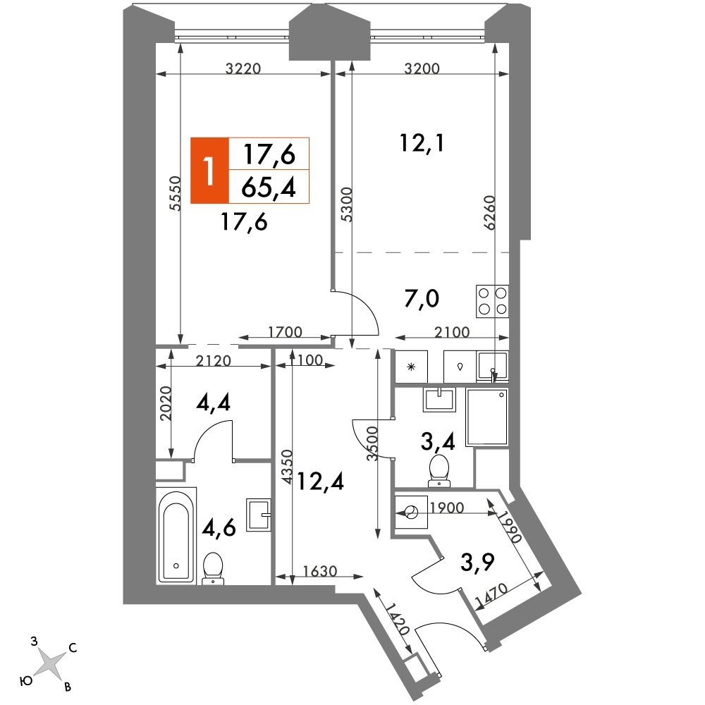 1-комнатная квартира без отделки, 65.4 м2, 19 этаж, сдача 4 квартал 2023 г., ЖК Архитектор, корпус 3 - объявление 2266947 - фото №1