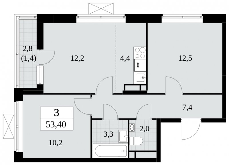 3-комнатная квартира (евро) с полной отделкой, 53.4 м2, 9 этаж, сдача 3 квартал 2024 г., ЖК Прокшино, корпус 8.1 - объявление 1683474 - фото №1
