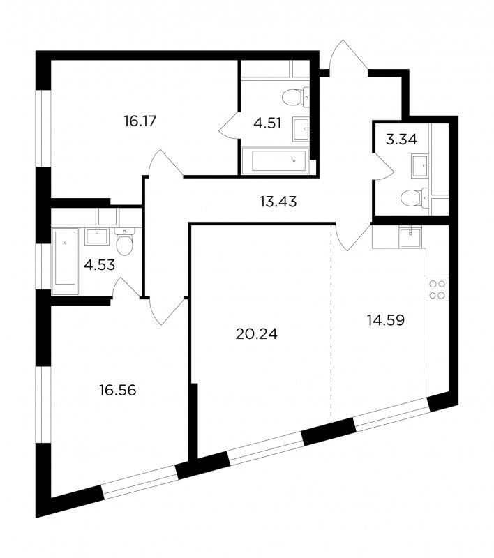 3-комнатная квартира без отделки, 93.37 м2, 10 этаж, сдача 2 квартал 2022 г., ЖК КутузовGRAD 2, корпус 4 - объявление 1747533 - фото №1