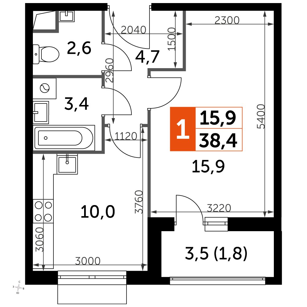 1-комнатная квартира с частичной отделкой, 38.6 м2, 2 этаж, дом сдан, ЖК UP-квартал Римский, корпус 7 - объявление 2353978 - фото №1