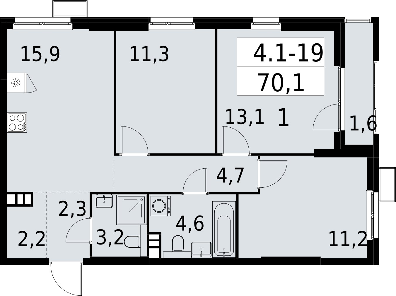3-комнатная квартира с полной отделкой, 70.1 м2, 5 этаж, сдача 2 квартал 2027 г., ЖК Южные сады, корпус 4.1.1 - объявление 2392560 - фото №1