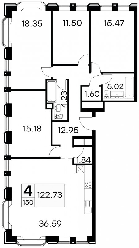 4-комнатные апартаменты с частичной отделкой, 122.73 м2, 15 этаж, сдача 3 квартал 2024 г., ЖК GloraX Aura Белорусская, корпус 1 - объявление 1708612 - фото №1