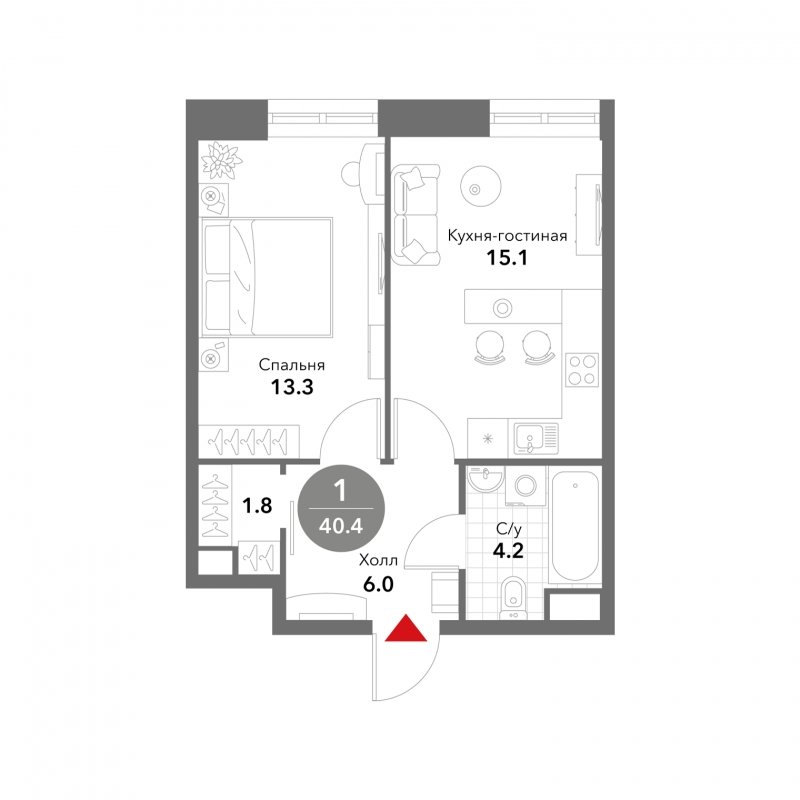 1-комнатные апартаменты без отделки, 40.4 м2, 9 этаж, сдача 3 квартал 2025 г., ЖК VOXHALL, корпус 4 - объявление 1793722 - фото №1