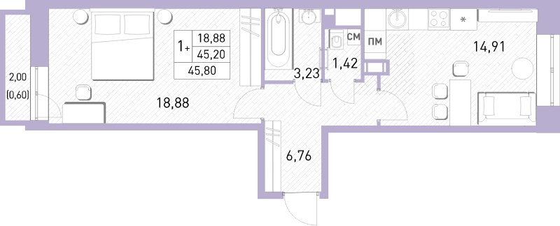 2-комнатная квартира (евро) с полной отделкой, 45.5 м2, 15 этаж, сдача 2 квартал 2023 г., ЖК Столичный, корпус 24 - объявление 2063632 - фото №1