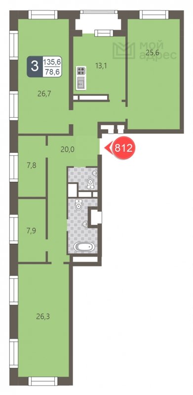 3-комнатная квартира с частичной отделкой, 135.6 м2, 20 этаж, дом сдан, ЖК мой адрес На Береговом, корпус Южный квартал - объявление 1795469 - фото №1