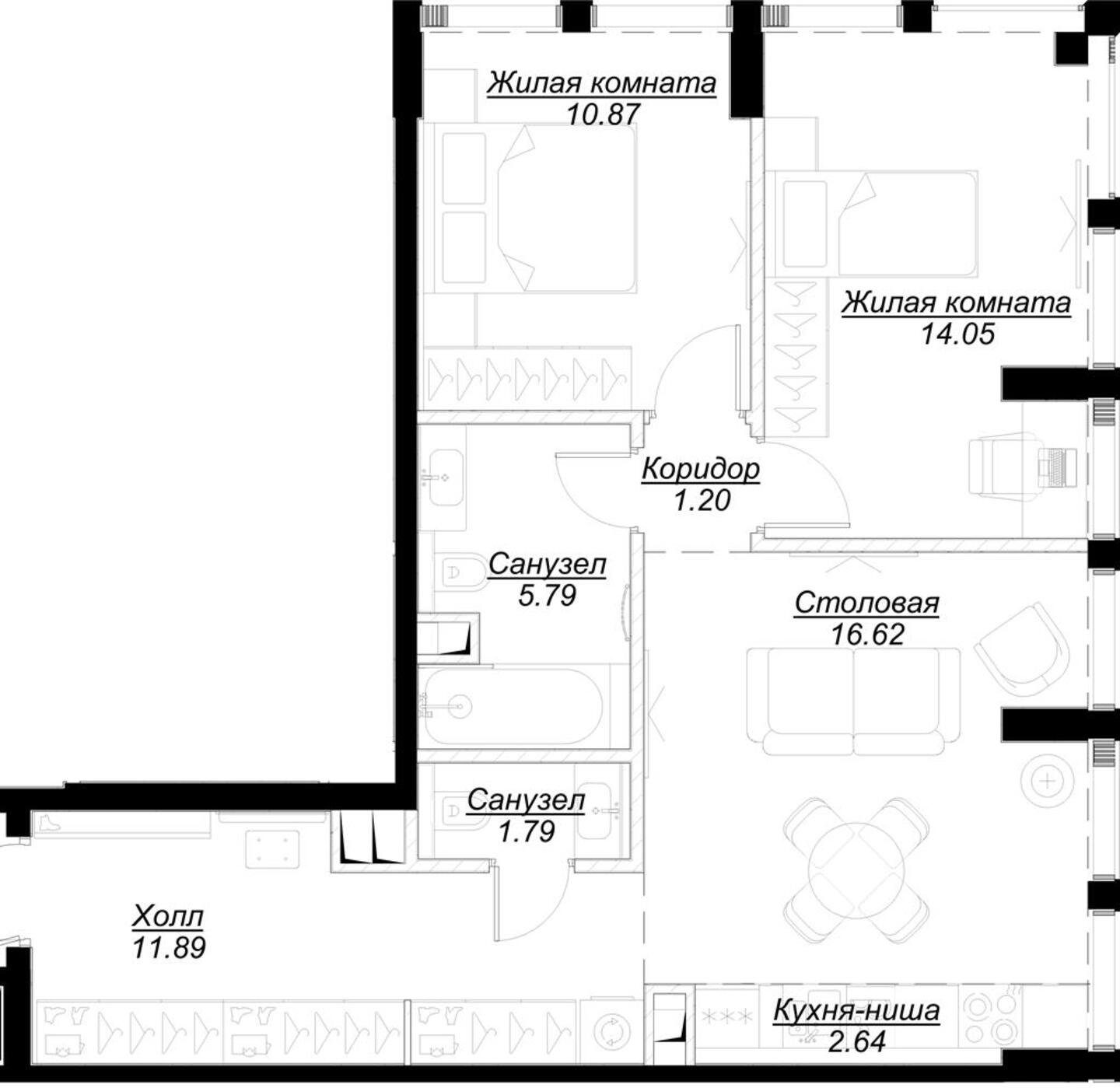 2-комнатная квартира с частичной отделкой, 65.64 м2, 34 этаж, сдача 4 квартал 2024 г., ЖК MOD, корпус Camus - объявление 2212613 - фото №1