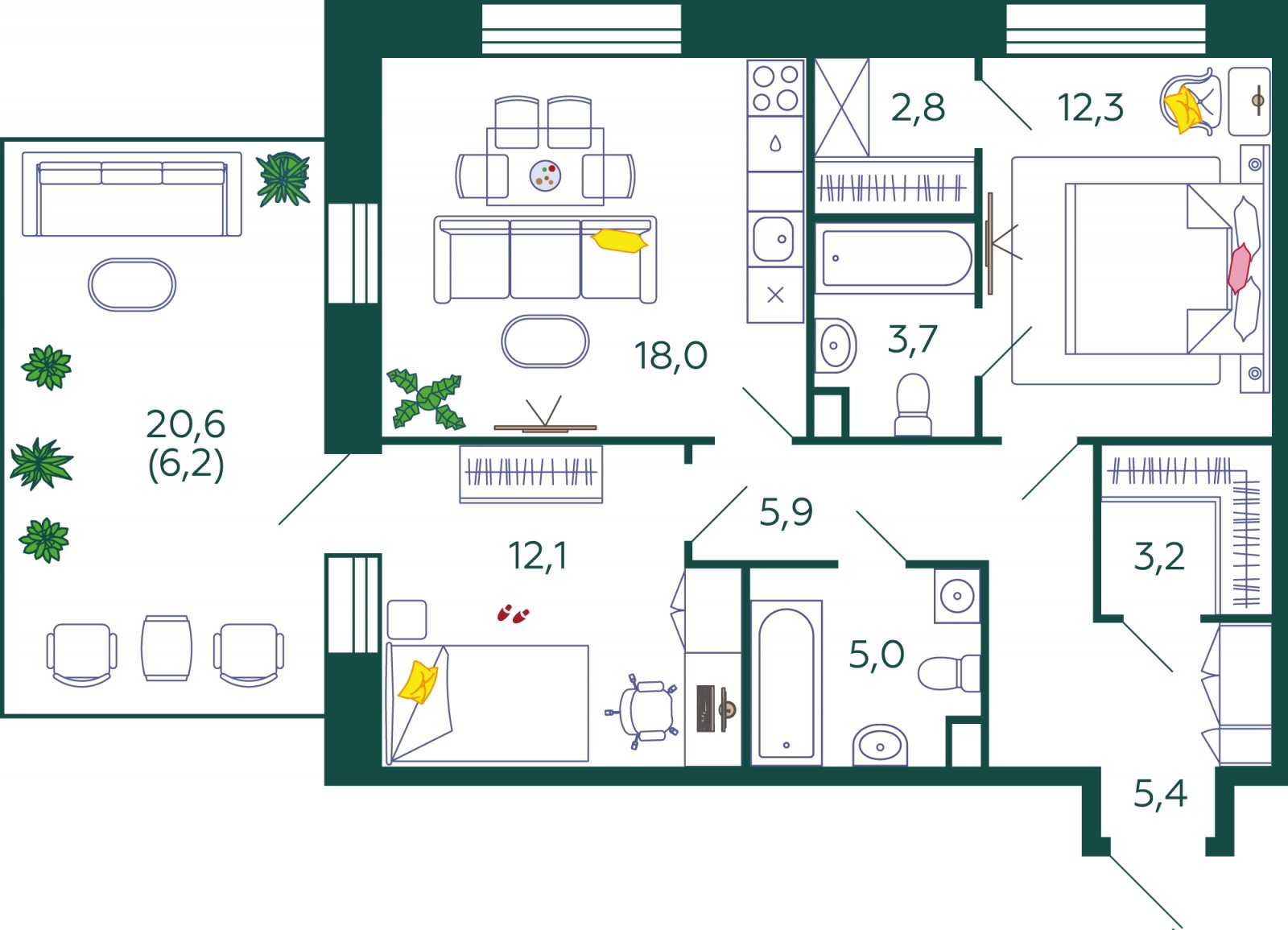 2-комнатная квартира без отделки, 74.6 м2, 2 этаж, сдача 4 квартал 2024 г., ЖК SHAGAL, корпус 2.7 - объявление 2032401 - фото №1