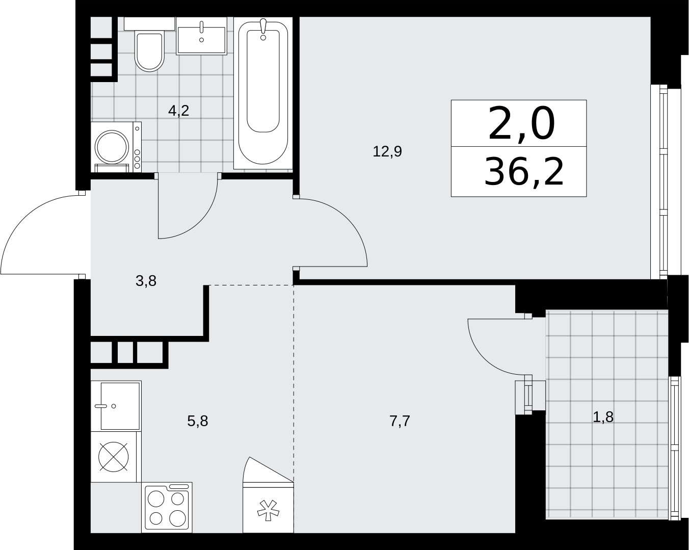 2-комнатная квартира (евро) с частичной отделкой, 36.2 м2, 4 этаж, сдача 2 квартал 2026 г., ЖК Дзен-кварталы, корпус 3.3 - объявление 2400237 - фото №1