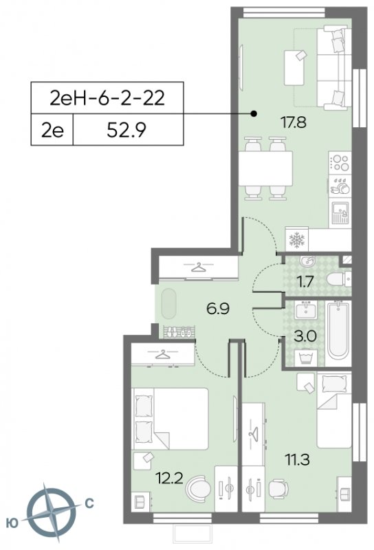 2-комнатная квартира с полной отделкой, 53.1 м2, 18 этаж, сдача 3 квартал 2024 г., ЖК Лучи, корпус 15 - объявление 1967356 - фото №1