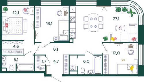 3-комнатная квартира без отделки, 94.5 м2, 9 этаж, сдача 4 квартал 2023 г., ЖК SHAGAL, корпус 1.4 - объявление 2113034 - фото №1