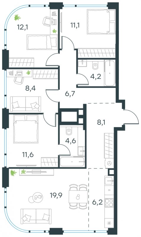 5-комнатная квартира (евро) без отделки, 92.9 м2, 15 этаж, сдача 4 квартал 2024 г., ЖК Level Мичуринский, корпус 6 - объявление 1635382 - фото №1
