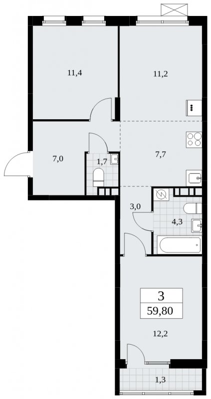 3-комнатная квартира (евро) без отделки, 59.8 м2, 4 этаж, сдача 1 квартал 2025 г., ЖК Дзен-кварталы, корпус 1.4 - объявление 1896098 - фото №1