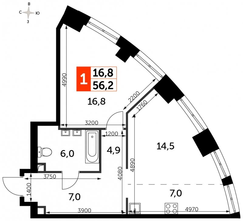 1-комнатная квартира с частичной отделкой, 56.2 м2, 2 этаж, сдача 3 квартал 2024 г., ЖК Sydney City, корпус 2.2 - объявление 1612548 - фото №1