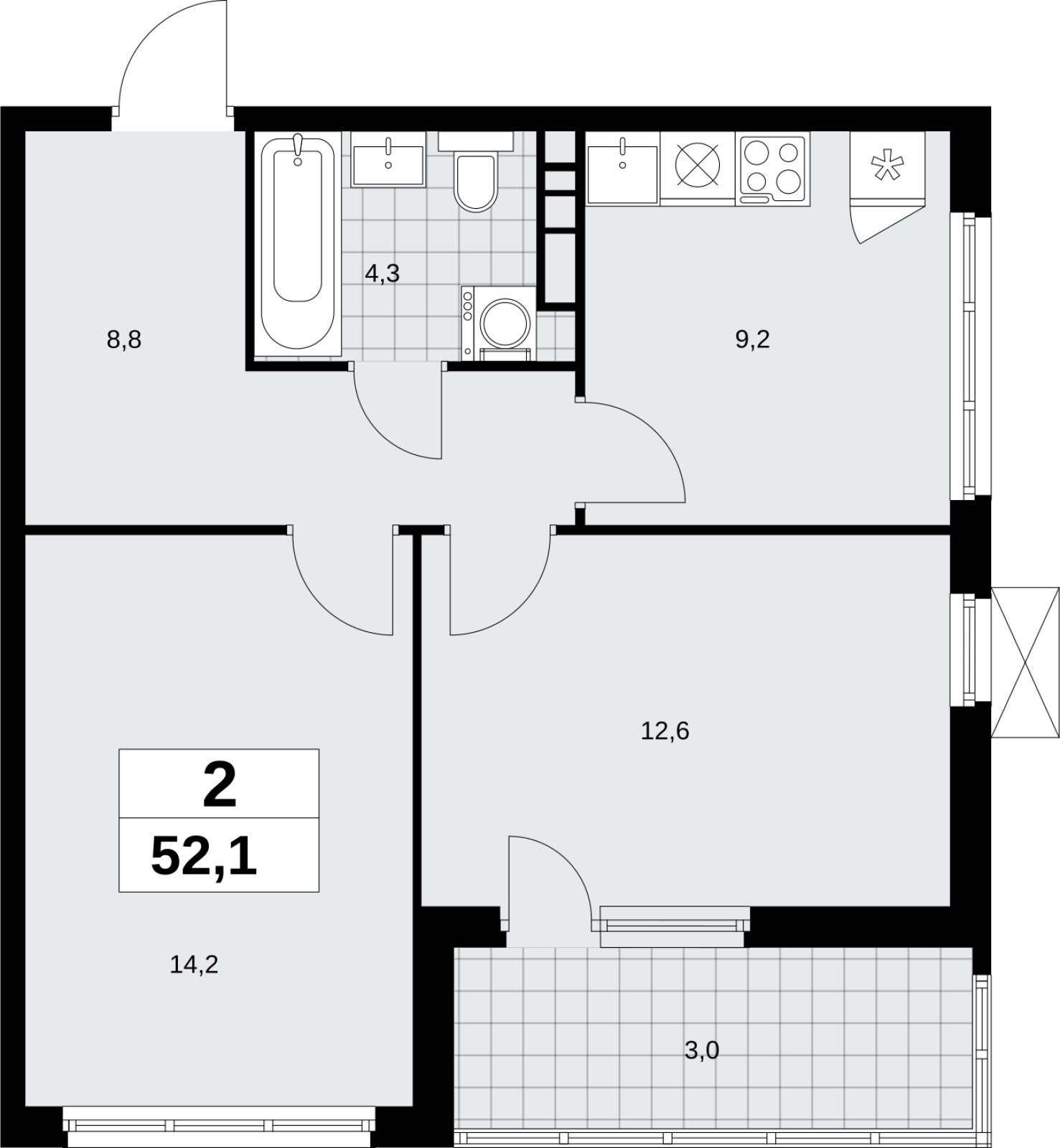 2-комнатная квартира без отделки, 52.1 м2, 4 этаж, сдача 4 квартал 2026 г., ЖК Скандинавия, корпус 2.18.1.2 - объявление 2350633 - фото №1