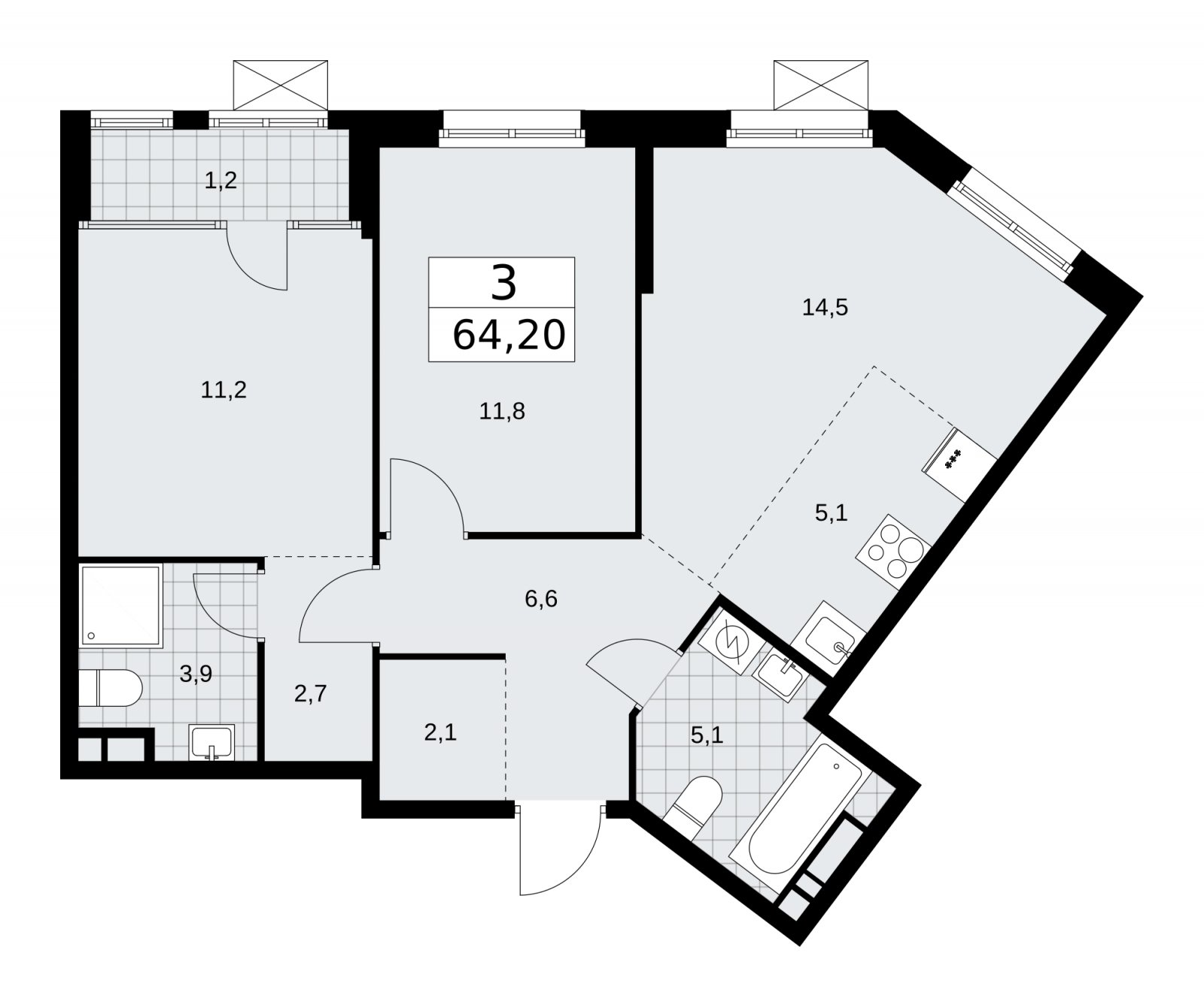 3-комнатная квартира (евро) с частичной отделкой, 64.2 м2, 11 этаж, сдача 1 квартал 2026 г., ЖК Дом на Зорге, корпус 25 - объявление 2221215 - фото №1