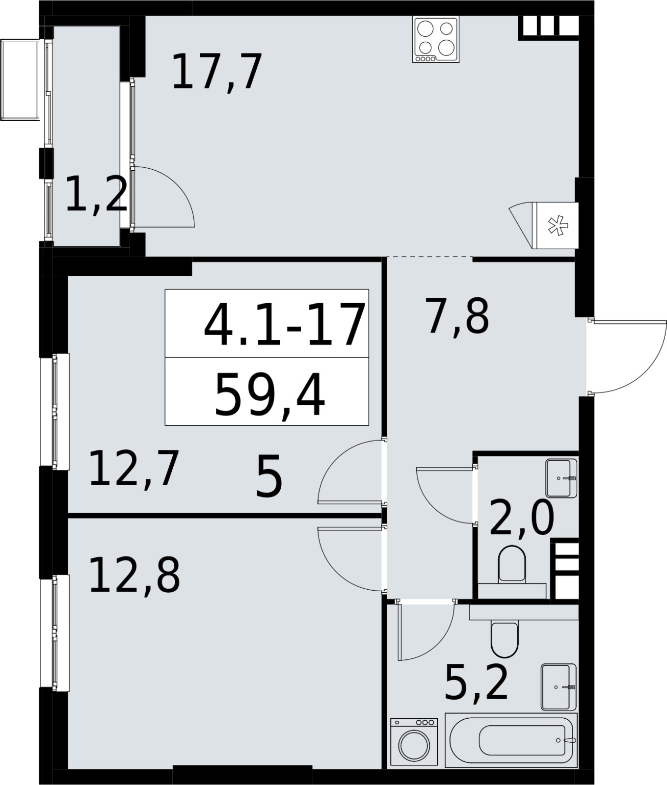 2-комнатная квартира с полной отделкой, 59.4 м2, 4 этаж, сдача 2 квартал 2027 г., ЖК Южные сады, корпус 4.1.1 - объявление 2392558 - фото №1