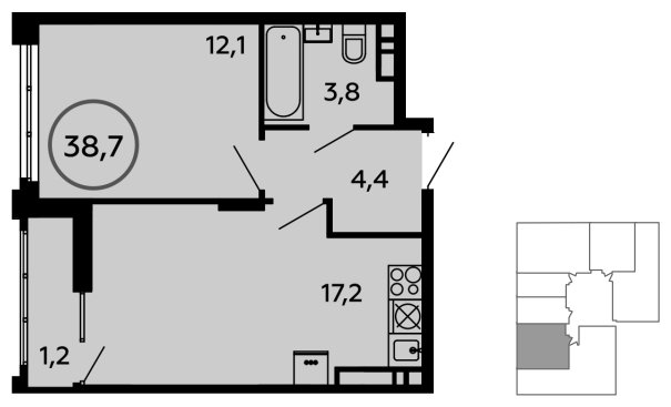 1-комнатная квартира без отделки, 38.7 м2, 13 этаж, сдача 1 квартал 2023 г., ЖК Скандинавия, корпус 2.14.1 - объявление 1499009 - фото №1