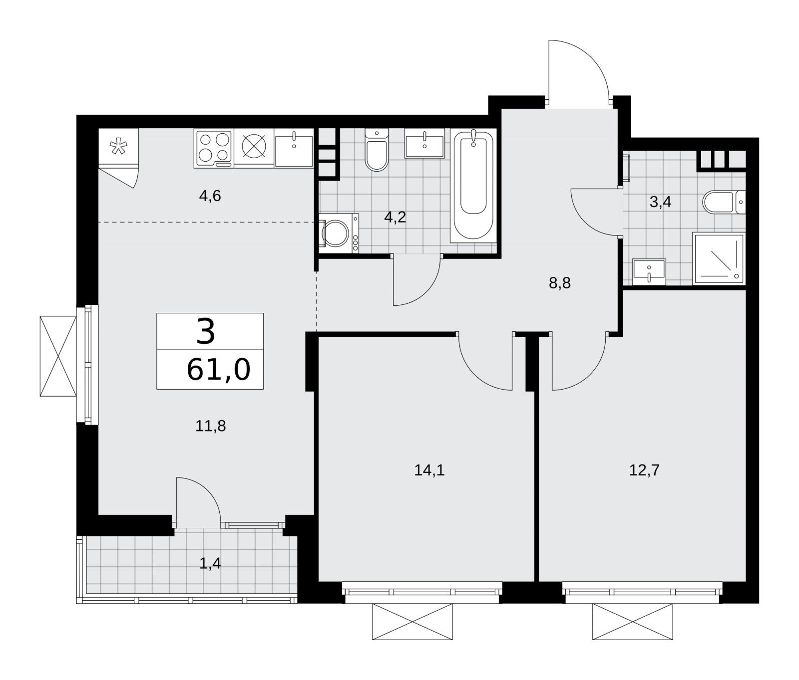 3-комнатная квартира (евро) без отделки, 61 м2, 12 этаж, сдача 1 квартал 2026 г., ЖК Деснаречье, корпус 4.1 - объявление 2263316 - фото №1