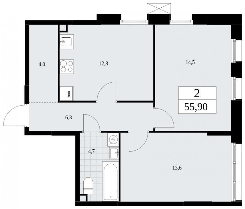 2-комнатная квартира с частичной отделкой, 55.9 м2, 2 этаж, сдача 3 квартал 2025 г., ЖК Дзен-кварталы, корпус 2.1 - объявление 1932137 - фото №1