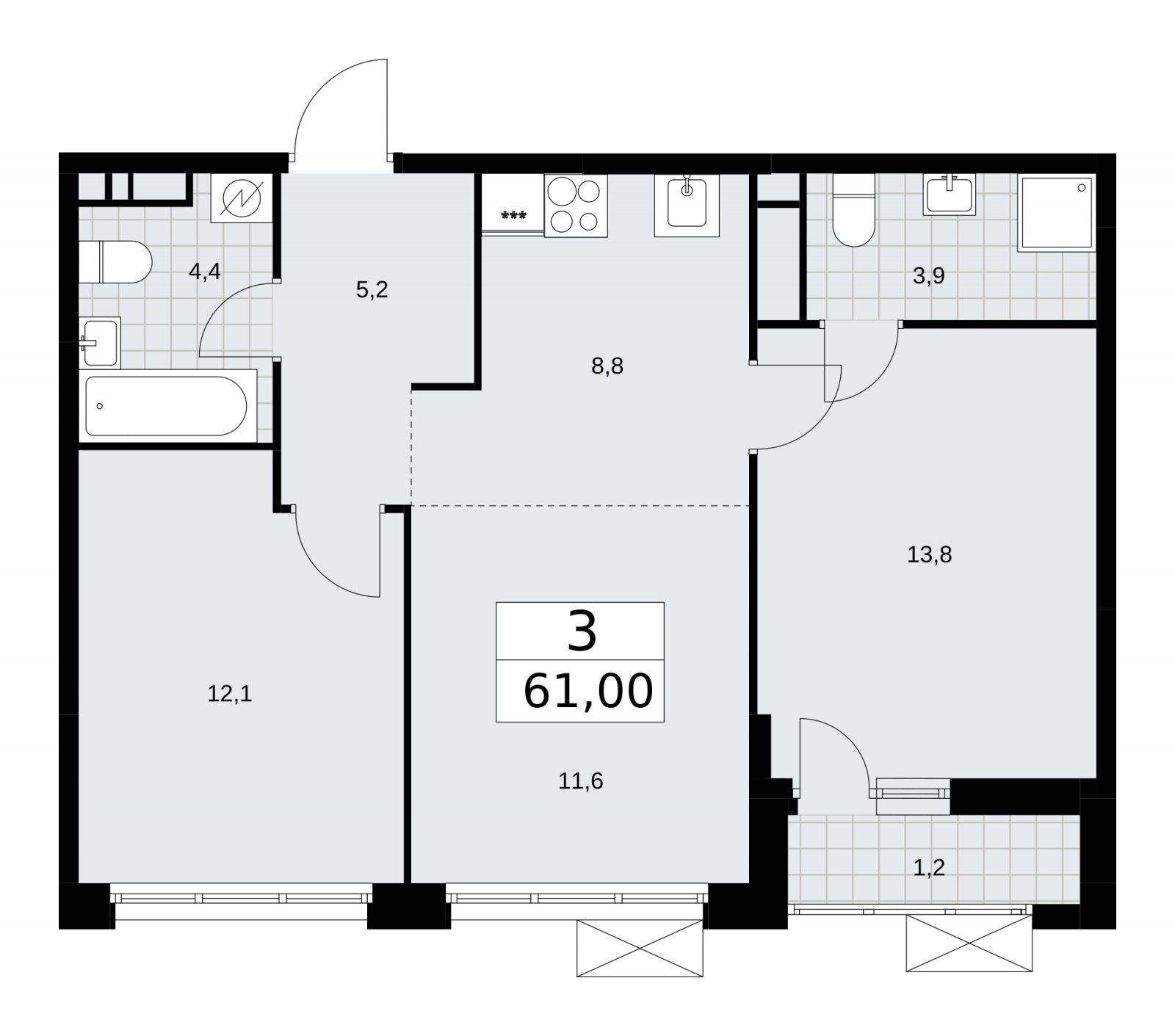 3-комнатная квартира (евро) с частичной отделкой, 61 м2, 14 этаж, сдача 4 квартал 2025 г., ЖК Скандинавия, корпус 28.4 - объявление 2202718 - фото №1