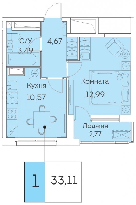 1-комнатная квартира с частичной отделкой, 33.11 м2, 24 этаж, сдача 3 квартал 2023 г., ЖК Аквилон BESIDE, корпус 1 - объявление 1759407 - фото №1