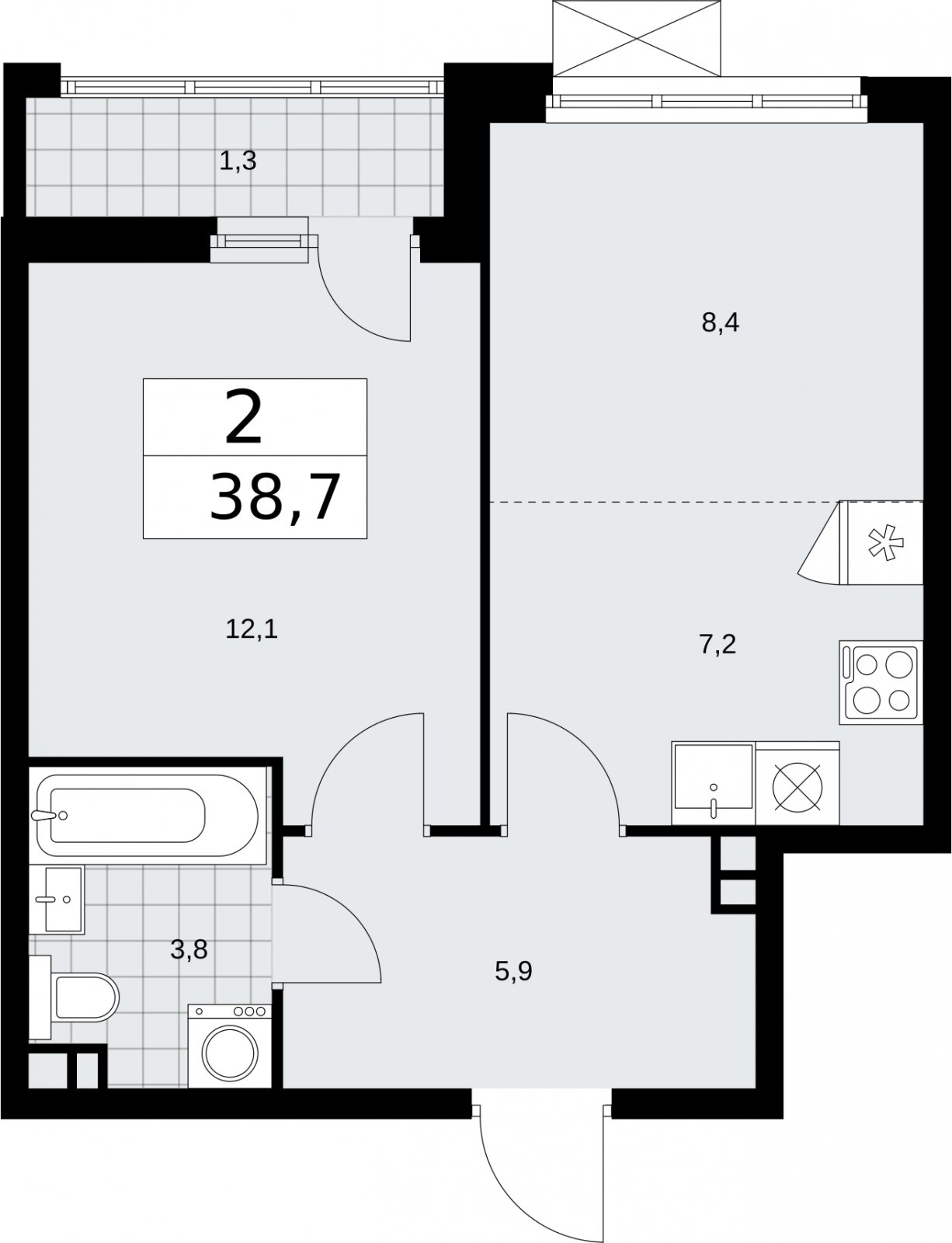 2-комнатная квартира (евро) без отделки, 38.7 м2, 3 этаж, сдача 2 квартал 2026 г., ЖК Бунинские кварталы, корпус 5.4 - объявление 2297768 - фото №1