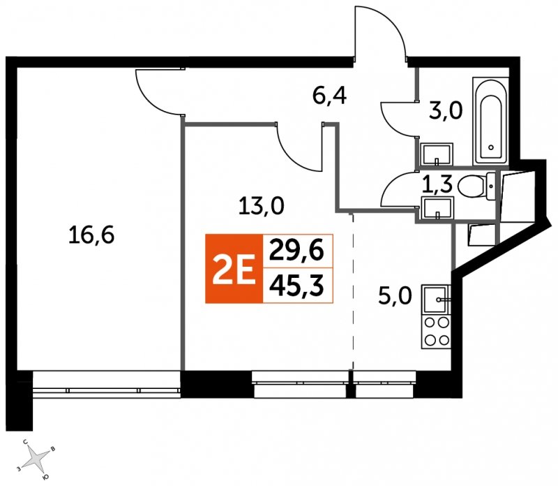 2-комнатная квартира (евро) с частичной отделкой, 45.3 м2, 20 этаж, сдача 4 квартал 2023 г., ЖК Датский квартал, корпус 2 - объявление 1568380 - фото №1