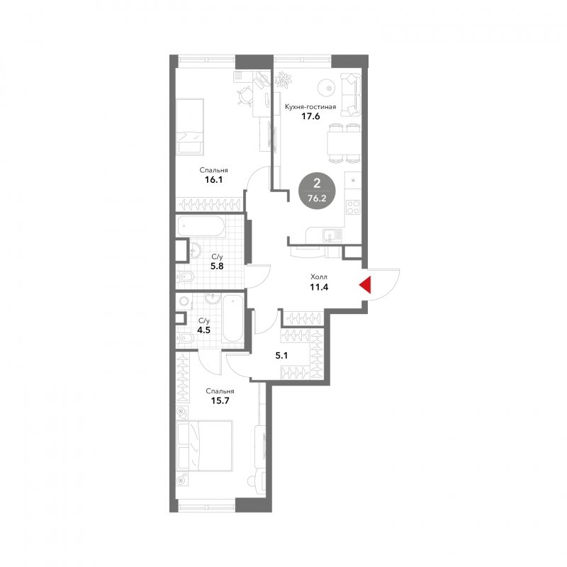 2-комнатная квартира без отделки, 76.2 м2, 3 этаж, сдача 3 квартал 2025 г., ЖК VOXHALL, корпус 2 - объявление 1786836 - фото №1