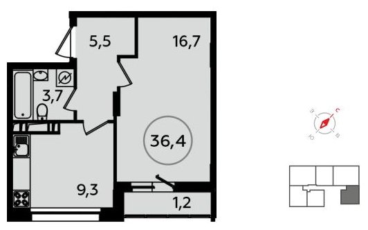 1-комнатная квартира без отделки, 36.4 м2, 12 этаж, дом сдан, ЖК Скандинавия, корпус 13.1 - объявление 1777865 - фото №1