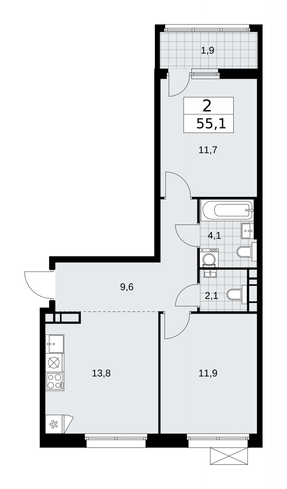 2-комнатная квартира с частичной отделкой, 55.1 м2, 7 этаж, сдача 2 квартал 2026 г., ЖК Дзен-кварталы, корпус 4.1 - объявление 2251459 - фото №1