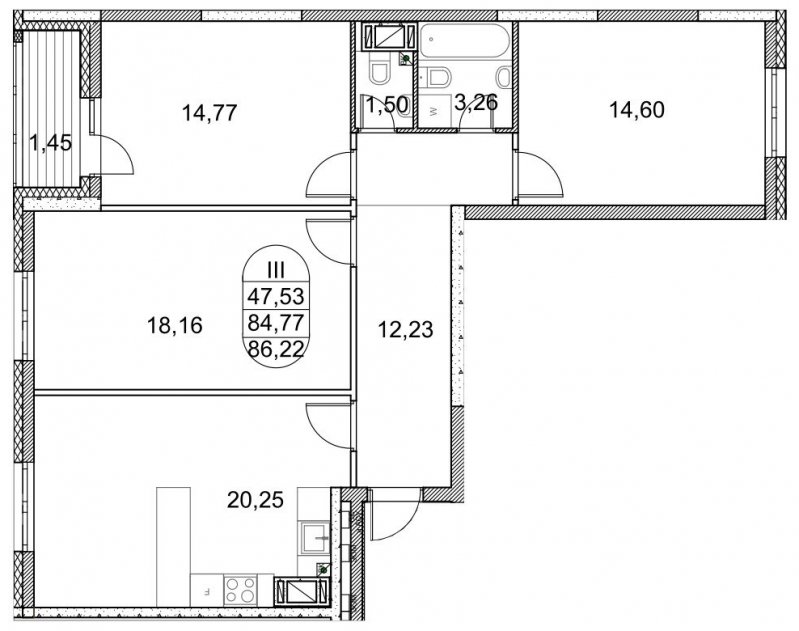 3-комнатная квартира без отделки, 86.2 м2, 19 этаж, дом сдан, ЖК Лучи, корпус 9 - объявление 1943702 - фото №1