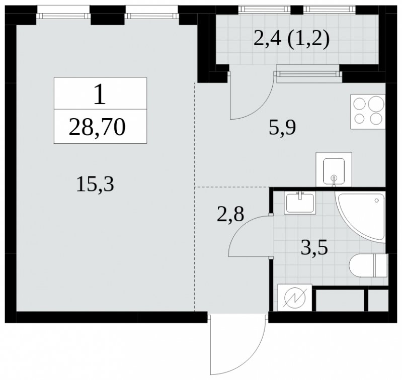 Студия с частичной отделкой, 28.7 м2, 16 этаж, сдача 2 квартал 2025 г., ЖК Южные сады, корпус 2.2 - объявление 1757572 - фото №1