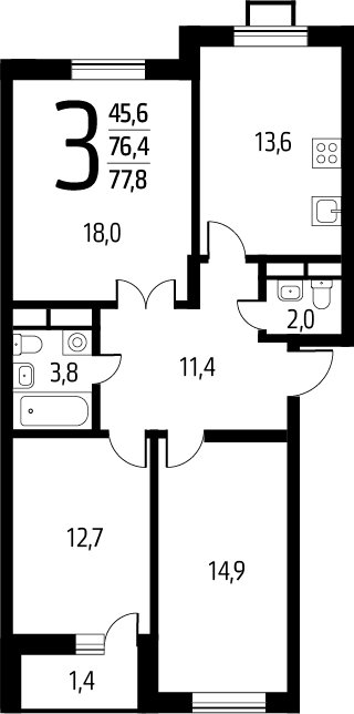 3-комнатная квартира с полной отделкой, 77.8 м2, 4 этаж, сдача 1 квартал 2025 г., ЖК Новые Ватутинки. Заречный, корпус 5/3 - объявление 2295803 - фото №1