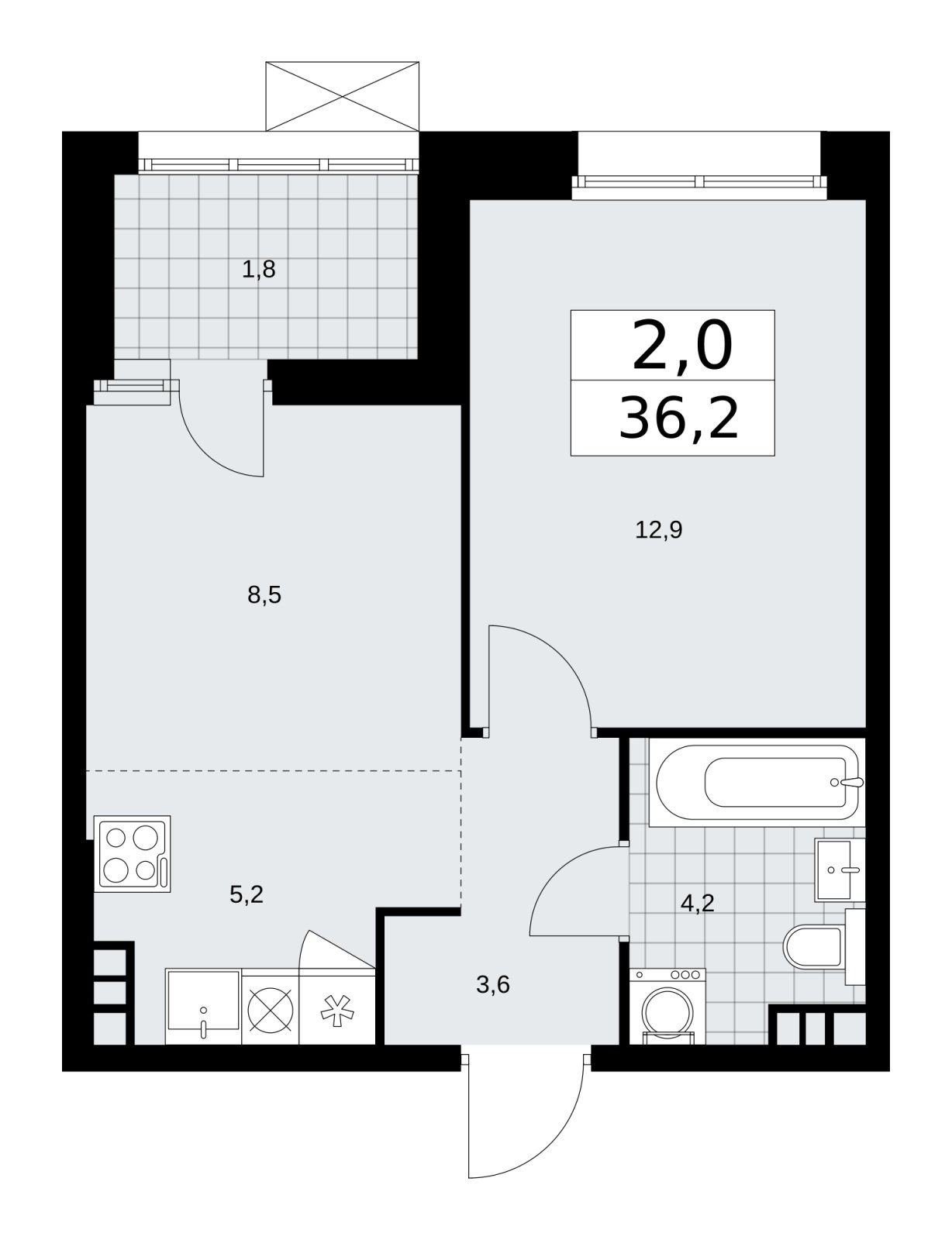2-комнатная квартира (евро) без отделки, 36.2 м2, 4 этаж, сдача 4 квартал 2025 г., ЖК Бунинские кварталы, корпус 6.5 - объявление 2252761 - фото №1